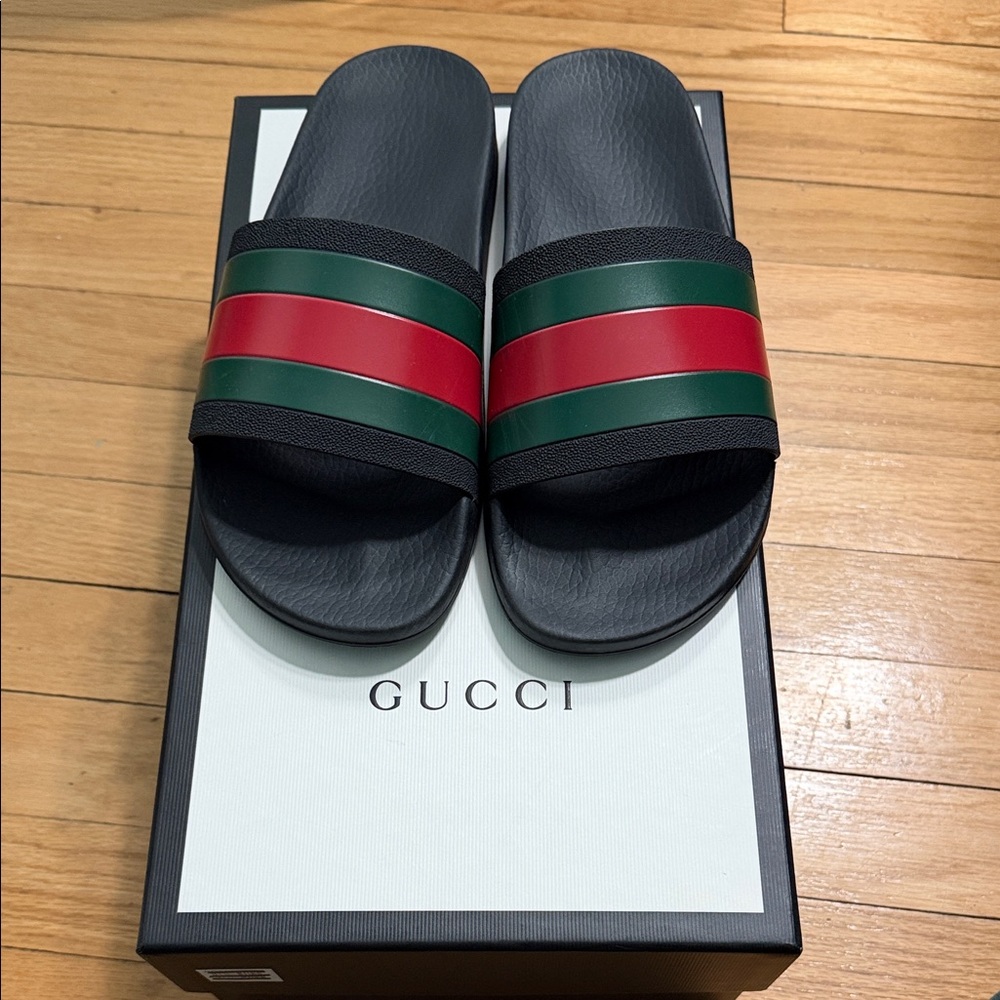 Gucci Black Slides with Green and Red Stripes
